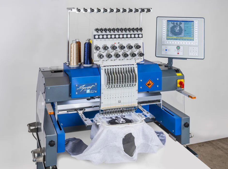 ZSK Sprint single-head machine with on-board control screen embroidering a garment